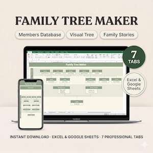 Puede incluir: Un creador de árboles genealógicos digitales que se muestra en un MacBook y un teléfono inteligente. La pantalla muestra un diagrama de árbol genealógico con el texto "Family Tree Maker". La imagen también incluye el texto "Members Database", "Visual Tree", "Family Stories", "7 Tabs" y "Excel & Google Sheets".
