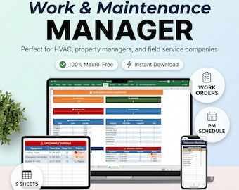 Maintenance Work Order Excel | Preventive Maintenance Tracker | Equipment Log & Schedule | Field Service | Google Sheets