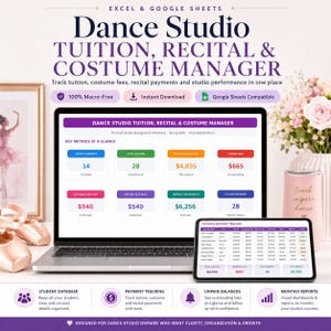 May include: A laptop and tablet showing a "Dance Studio Tuition, Recital & Costume Manager" spreadsheet. The image includes a framed ballet dancer, ballet shoes, and a pink tumbler that says "teach inspire dance". The software tracks tuition, fees, and studio performance.