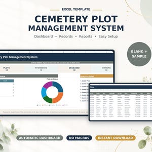 Op de afbeelding: Een Excel-sjabloon voor een begraafplaatsbeheersysteem met een dashboard, een ringdiagram, een gegevenstabel en tekstlabels zoals Dashboard, Records, Reports, Easy Setup, Automatic Dashboard, No Macros en Instant Download.