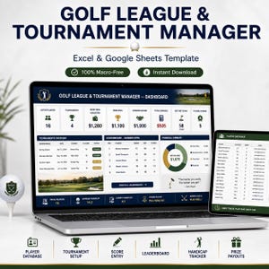 Könnte beinhalten: Ein Laptop und ein Tablet zeigen ein Dashboard für die Verwaltung von Golf-Ligen und -Turnieren. Der Bildschirm zeigt Turnierübersichten, Ranglisten und Finanzübersichten. Der Text enthält "Excel & Google Sheets Template". Ein Golfball liegt auf einem Tee.