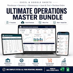 Könnte beinhalten: Ein digitales Produktpaket namens "ULTIMATE OPERATIONS MASTER BUNDLE" wird auf einem Laptop, Tablet und Smartphone angezeigt. Das Bild zeigt Dashboards und Datenvisualisierungen für Lager, Inventar, Wartung und Asset-Tracking. Enthält den Text "Sofort-Download".