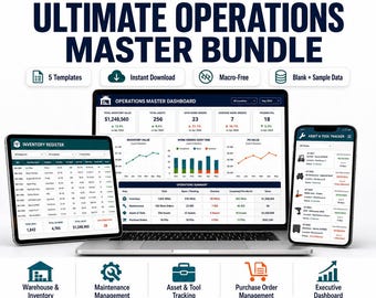 Operations Management Bundle | Warehouse Inventory, Maintenance, Asset Tracker (Excel/Sheets)