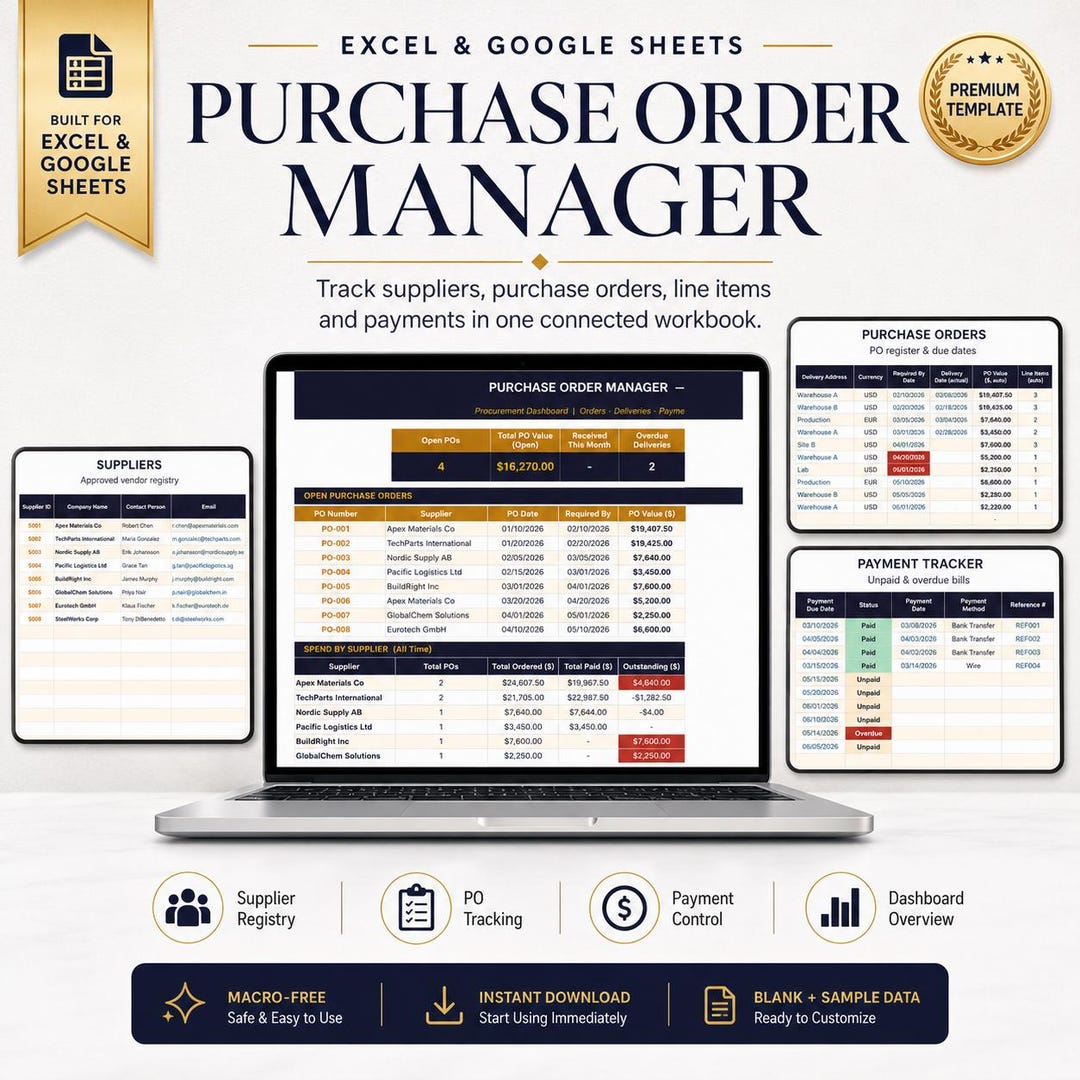 Purchase Order Tracker Excel / Google Sheets Template | PO Manager ...