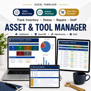 Asset & Tool Manager Excel | Equipment Tracker Spreadsheet | Fixed Asset Register | Inventory Template