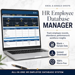 Könnte beinhalten: Ein Laptop zeigt eine HR-Mitarbeiterdatenbank-Manager-Oberfläche. Der Bildschirm zeigt Kennzahlen zur Belegschaft, die Aufteilung nach Abteilungen und Daten zur Geschlechterverteilung. Das Bild enthält den Text "Excel & Google Sheets".