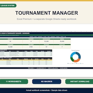 May include: A digital Golf League System Tournament Manager spreadsheet template featuring a dashboard with player statistics, tournament overviews, a leaderboard, and a financial summary pie chart. Includes 11 worksheets, no macros, and instant download.