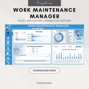 Peut inclure: Une capture d'écran d'un écran d'ordinateur affichant un tableau de bord pour un gestionnaire de maintenance. Le tableau de bord présente plusieurs graphiques et diagrammes, notamment un diagramme circulaire montrant les 10 compétences les plus demandées, un diagramme à barres montrant les priorités des tâches par date d'achèvement et un diagramme à barres montrant l'état des tâches par technicien. Le tableau de bord comprend également une section pour les commandes, une section pour l'équipement et une section pour les clients. Le texte "Work Maintenance Manager" est affiché en haut de l'écran.