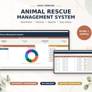 Puede incluir: Una plantilla de Excel para un sistema de gestión de rescate animal que incluye un panel con un gráfico de anillos, registros de animales y listas de acciones rápidas para ingresos, adopciones y datos médicos.
