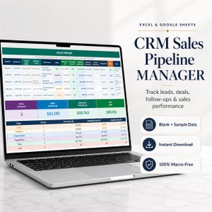 May include: A laptop displaying a CRM Sales Pipeline Manager spreadsheet. The screen shows data tables with sales metrics. The text on the screen includes "Sales Pipeline", "Total Contacts", and "Weighted Pipeline". The laptop is on a white surface.