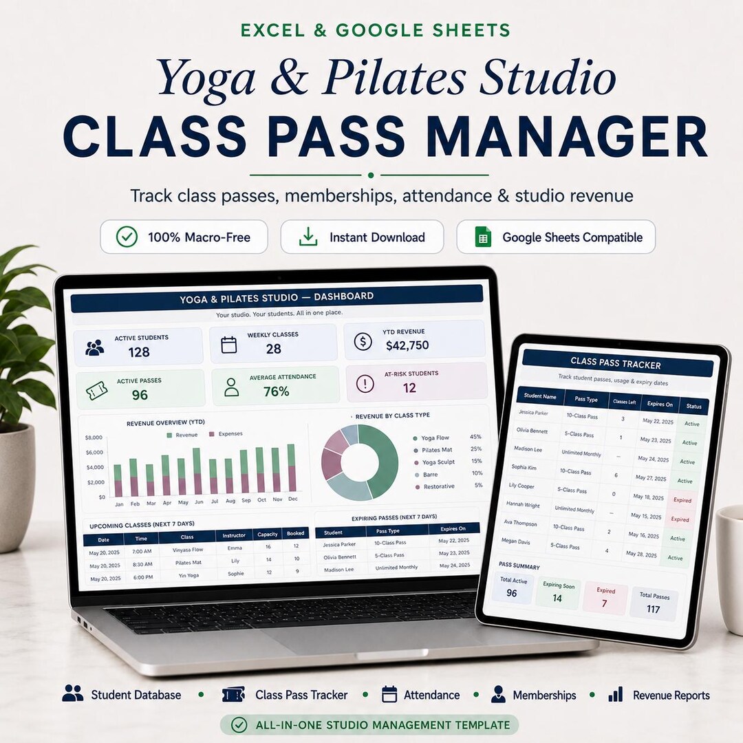 Yoga Pilates Studio Class Pass Manager | Membership Tracker (excel ...