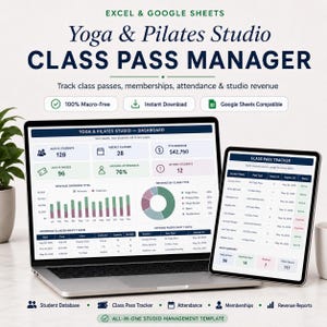 Op de afbeelding: Een laptop en tablet tonen een dashboard van de Yoga & Pilates Studio Class Pass Manager. Het scherm toont datavisualisaties, waaronder inkomsten, aanwezigheid en het volgen van lespassen. De software is ontworpen voor studiomanagement.