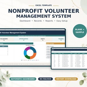 Könnte beinhalten: Eine Excel-Vorlage für ein System zur Verwaltung von Freiwilligen in gemeinnützigen Organisationen mit einem Dashboard, einem Ringdiagramm, einer Datentabelle und Schnellaktionslisten mit entsprechenden Textbeschriftungen.