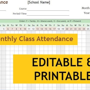 Monthly Class Attendance Tracking | Excel Template| Google Sheets Compatible | Easy To Use | Printable | Editable