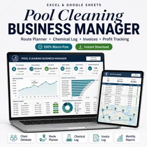 Könnte beinhalten: Ein Laptop und ein Tablet zeigen eine Benutzeroberfläche für einen Poolreinigungs-Business-Manager. Die Bildschirme zeigen Finanzdaten, Routenplanung und Chemikalienprotokolle. Der Text enthält "Pool Cleaning Business Manager" und "Instant Download".