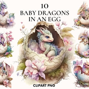Acuarela bebé dragón en un huevo clipart, paquete de imágenes prediseñadas de cuento de hadas, hermosas imágenes prediseñadas de animales de fantasía, dragón lindo, fabricación de tarjetas, álbum de recortes
