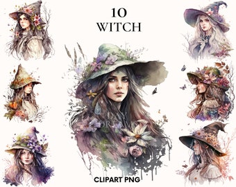 Watercolor witch clipart, Flower faces clipart bundle, Beautiful witch model, Fairy tale clipart, Magic, Fashion illustration, Paper craft