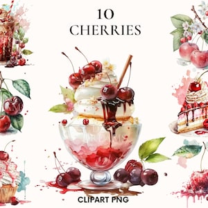 Aquarell Kirschen Clipart, Kirschen Dessert Clipart Bündel, Eis Clipart, Kirsche png, Obst Clipart, Obst Illustration, Kartenherstellung