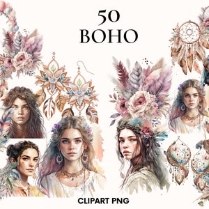 Clipart Boho, clipart Boho girl, clipart de joias, clipart Dreamcatcher, clipart de mulher Boho, clipart de ouro rosa, álbum de recortes, diário indesejado