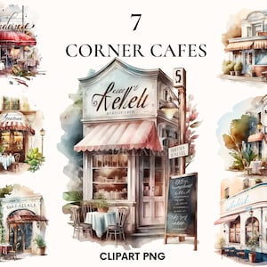 Aquarel café clipart, coffeeshop clipart bundel, bakkerij clipart, gezellige plek, restaurant clipart, afdrukbare PNG, scrapbooking