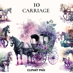 Clipart de calèche romantique, jardin magique, calèche aquarelle de conte de fées avec bundle clipart fleurs, clipart princesse, Scrapbook, Rose