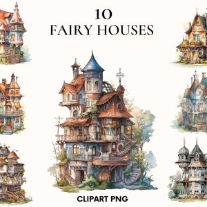 Watercolor fairy house clipart, Cute cottage clipart bundle, Fairy cabin clipart, House clipart, Perfect for card making, Scrapbooking