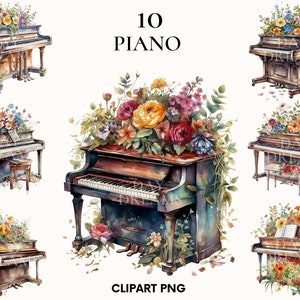 Clipart piano rétro aquarelle, jardin magique, piano avec lot de cliparts fleurs, clipart verdure, album, clipart musique, instrument png thumbnail