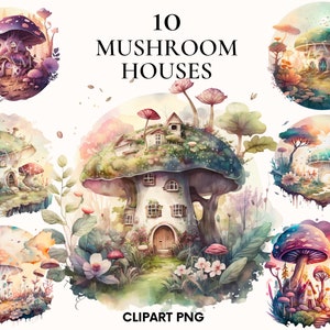 Watercolor mushroom house clipart, Cottage clipart bundle, Fairy house clipart, House on the meadow, Card making, Nursery clipart, Scrapbook