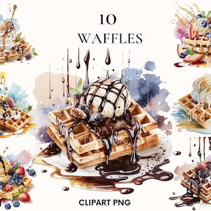 Watercolor waffle clipart, Sweet breakfast clipart bundle, Delicious clipart, Kitchen clipart, Printable png, Scrapbooking, Card making