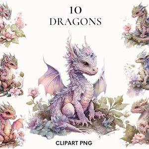 Baby draak clipart, sprookje clipart bundel, mooie fantasie dieren clipart, schattige aquarel draak, roze draak, kaart maken