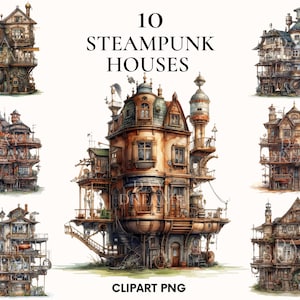 Watercolor house clipart, Vintage house clipart, Steampunk house clipart bundle, House clipart, Steampunk clipart, Scrapbook, Junk journal
