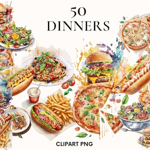 Dinner clipart, Hot dog clipart, Pizza clipart, Spaghetti clipart, Burger clipart, Salad clipart, Scrapbook, Junk journal, Card making
