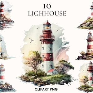 Phare clipart, clipart paysage océanique magique, paquet de paysage de mer, phare png, clipart nautique, Scrapbooking, fabrication de cartes