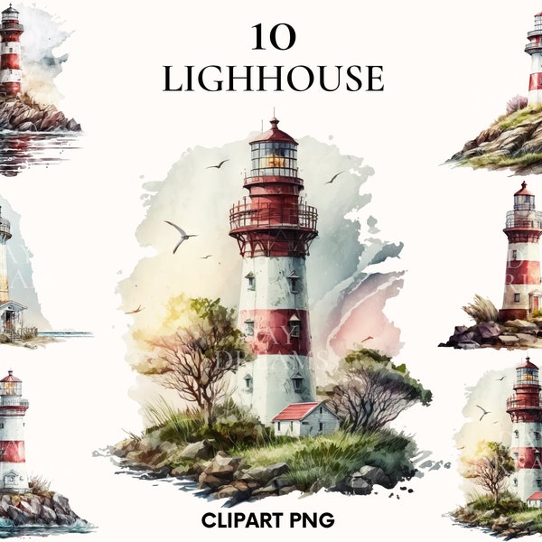 Lighthouse clipart, Magical ocean landscape clipart, Sea landscape bundle, Lighthouse png, Nautical clipart, Scrapbooking, Card making