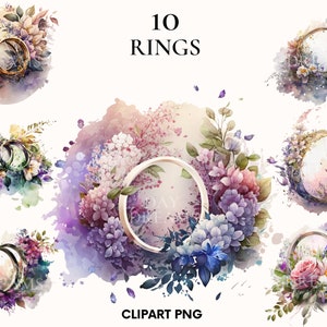 Clipart bague aquarelle, bagues magiques, bagues de conte de fées avec bundle clipart fleur, clipart bague de mariage, fleurs png, Scrapbook, Rose, pivoine