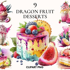Aquarell Drachenfrucht Dessert Clipart, Drachenfrucht Clipart Bündel, Drachenfrucht Eis Clipart, Küche Clipart, Wandkunst, Wohnkultur