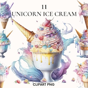 Watercolor unicorn ice cream clipart, Summer clipart bundle, Watercolor ice cream clipart, Nursery clipart, Wall art, Scrapbook, Card making