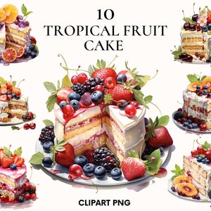 Tropische Früchte Kuchen Clipart, Essen Illustration Clipart Bündel, süßes Dessert Clipart, Weihnachtskuchen, Hochzeitstorte Clipart, Kartenherstellung