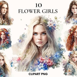 Aquarell junge Frau Clipart, Blumen Gesichter Clipart Bündel, Schönes Mädchen Modell, Boho Clipart, Mode-Illustration, Papier Handwerk