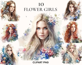 Watercolor young woman clipart, Flower faces clipart bundle, Beautiful girl model, Boho clipart, Fashion illustration, Paper craft