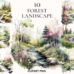 Magische boslandschap clipart, lente mooie landschap bundel, zomer, weide met bloemen en stroom, aquarel bos, scrapbooking