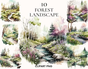 Magical forest landscape clipart, Spring beautiful landscape bundle, Summer, Meadow with flowers and stream, Watercolor forest, Scrapbooking