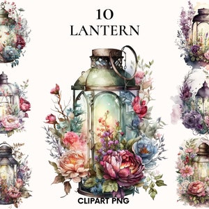 Clipart de lanterne antique d'aquarelle, jardin magique, lanterne de conte de fées avec le paquet de clipart de fleurs, clipart de verdure, album, rose, pivoine