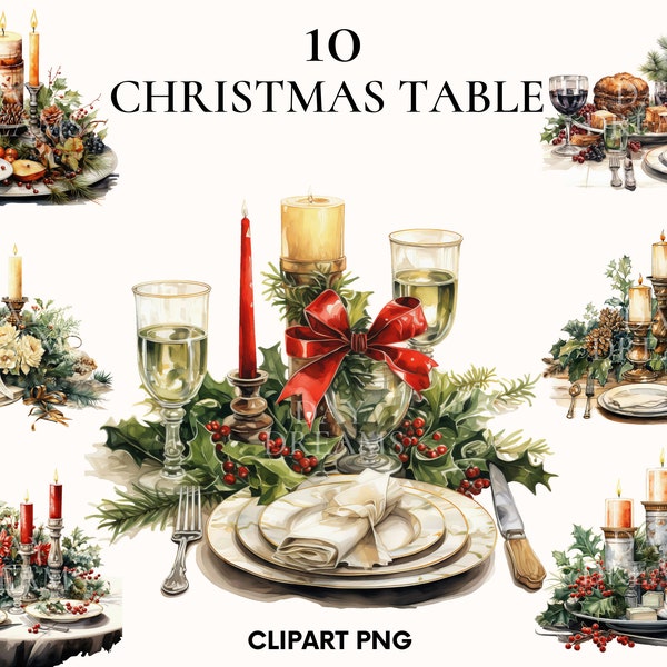 Watercolor christmas table clipart, Food illustration clipart bundle, Dinner clipart, Christmas cake, Christmas celebration png, Card making