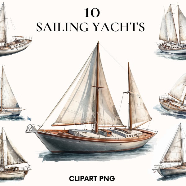 Clipart de yacht à voile aquarelle, ensemble de clipart de site océanique, clipart de bateau à voile, coucher de soleil sur l'océan, PNG imprimable, art mural, décor à la maison, Scrapbook