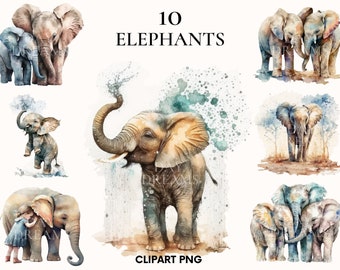 Watercolor elephants clipart, Cute elephant clipart bundle, Wild animal, Baby elephant png, Card making, Junk Journal, Scrapbook