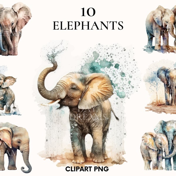 Watercolor elephants clipart, Cute elephant clipart bundle, Wild animal, Baby elephant png, Card making, Junk Journal, Scrapbook