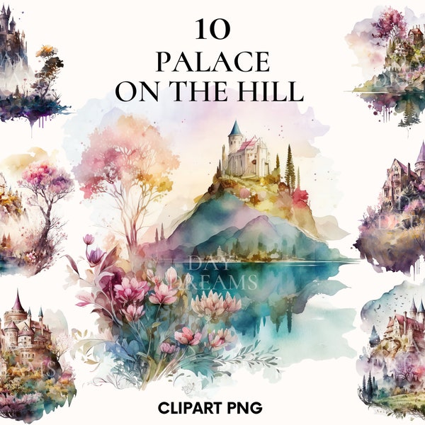 Palace on the hill clipart, Beautiful landscape view clipart bundle, Magic garden, Watercolor palace, Scrapbooking, Card making