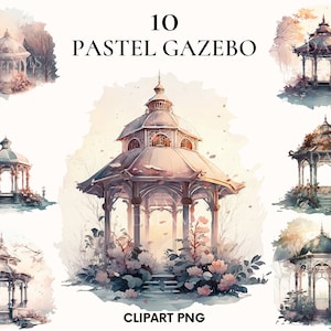 Watercolor pastel gazebo clipart, Garden clipart bundle, Fairy garden gazebo clipart, Magic scene, Scrapbooking, Card making, Junk journal