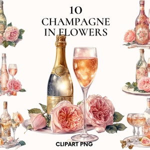 Clipart champagne aquarelle, clipart mariage, décoration de conte de fées avec bundle clipart fleurs, clipart Dessert, Scrapbook, Rose, Pivoine